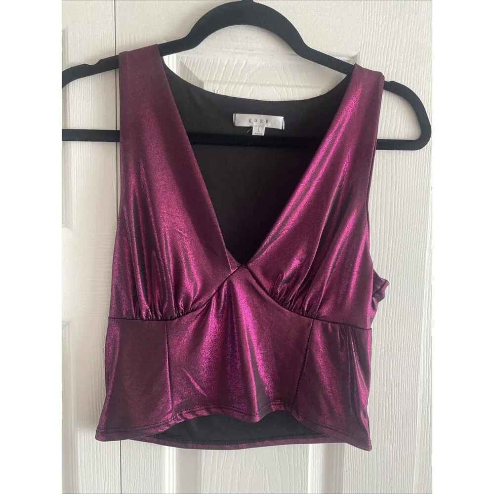 Y2K Metallic Purple Babydoll Large Tank Top Low V neck Crop Top Grunge Rave Goth - Image 3