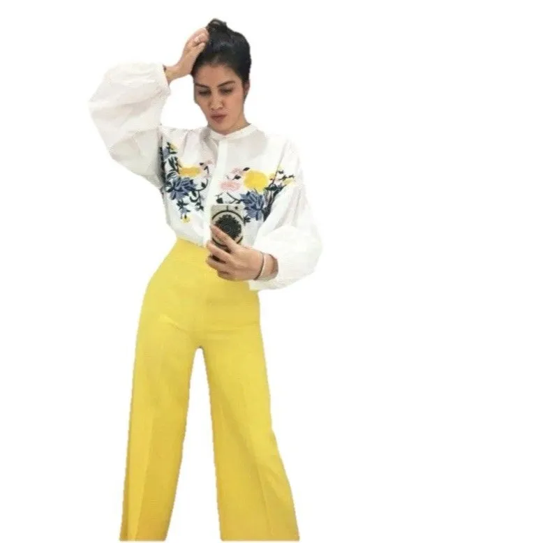 ZARA L White Floral Embroidered Ballon  Sleeves Peasant Relaxed Blouse Top - Image 8