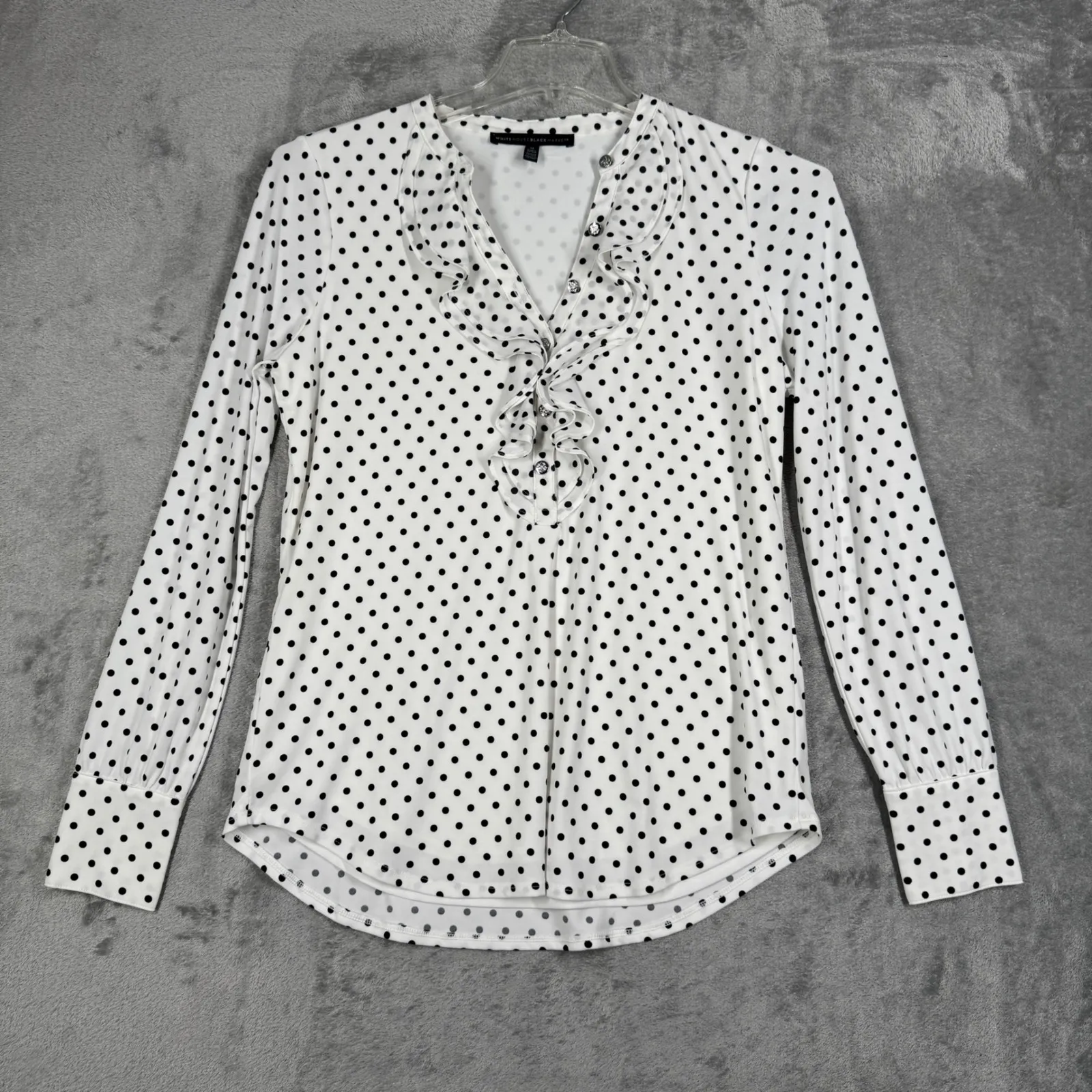 White House Black Market Polka Dot Ruffle‎ Blouse Womens M Retro Office Chic - Image 2