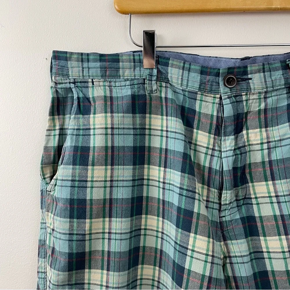 J.Crew  Cotton Blue Madras Plaid Flat Front Preppy Club Long Shorts mens 38 - Image 2