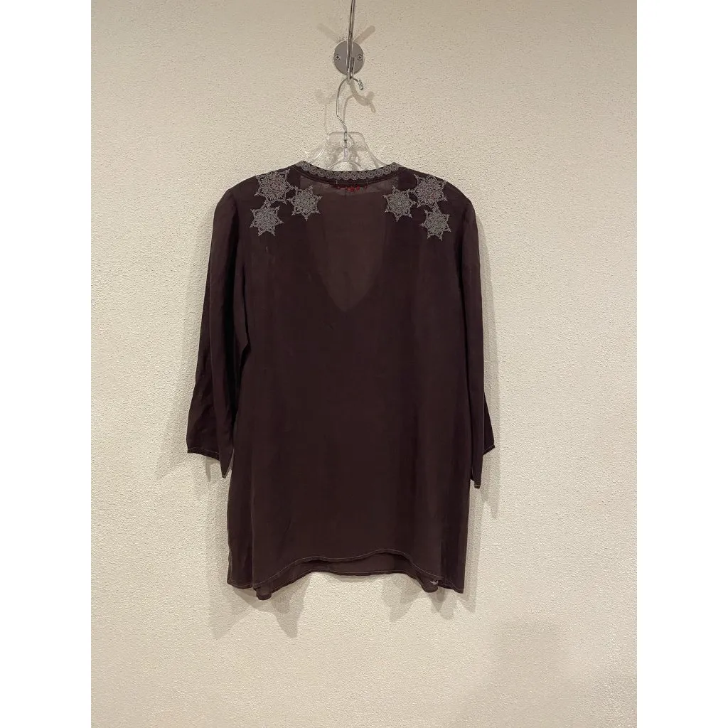 Johnny Was Shirt Womens Small Brown Embroidered Floral Boho Tunic Top 3/4 Sleeve - Image 3