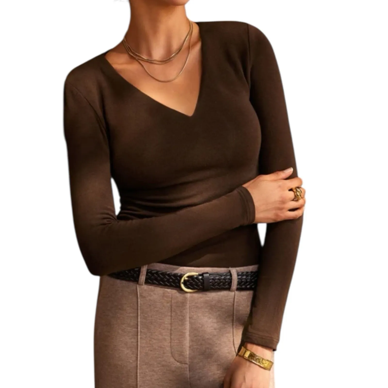 NWT OGL ProWarm V Neck Ruched Sides Brami Top Long Sleeve Espresso Size Large Brown - Image 7