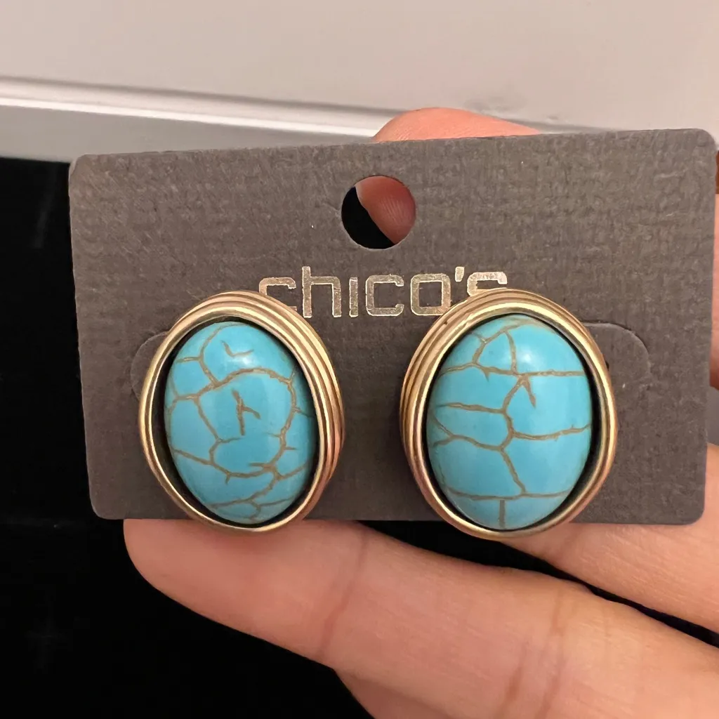 Chico's Blue and Gold Statement Earrings - Image 3