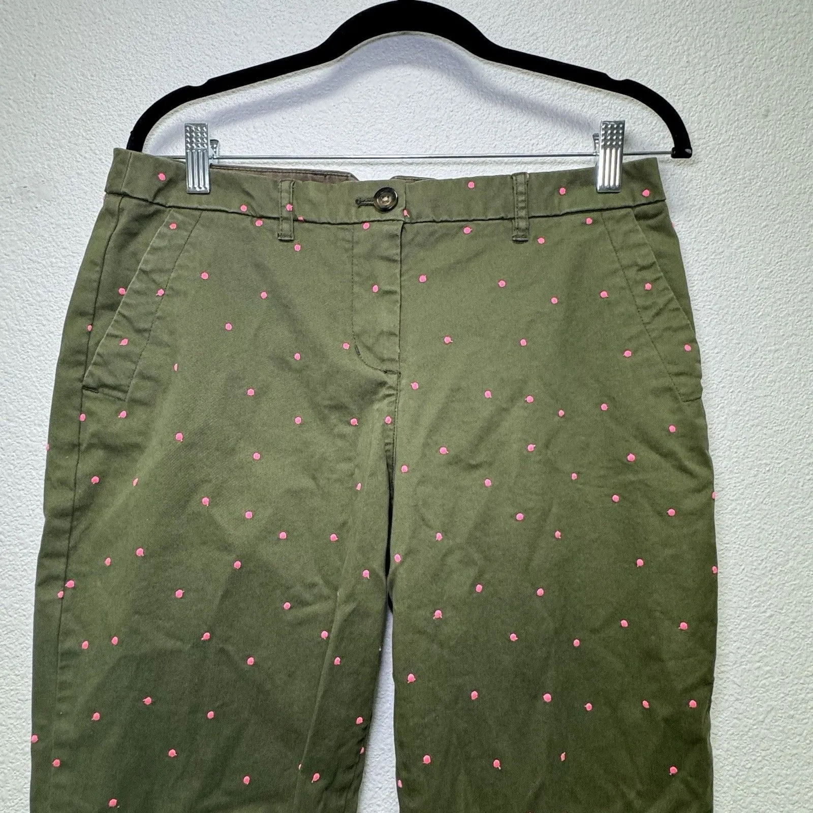 Boden Richmond Ankle Pant Womens Forest Green Hot Pink Polka Dot Embroidered 12P - Image 5