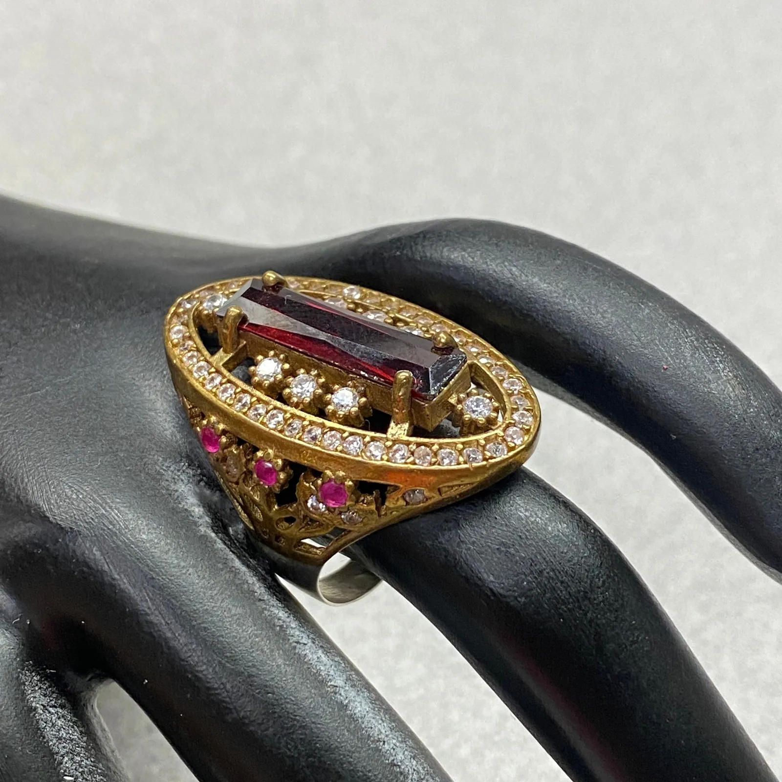 Statement Cocktail Ring Rectangle Red Gemstone Clear Crystal Accents Size 9.25 Gold - Image 7