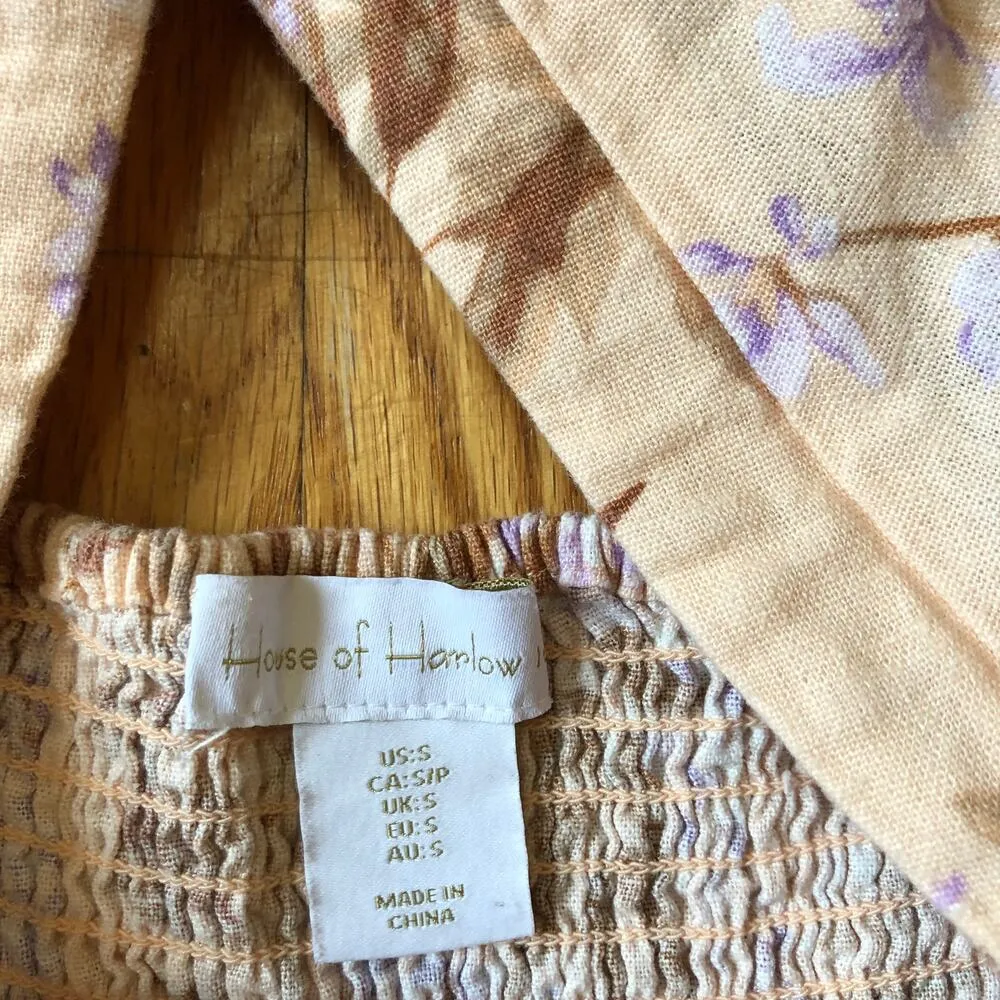 House of Harlow EUC Women's 1960 Linen Smocked Pink Palm Midi Dress Size S - Image 6