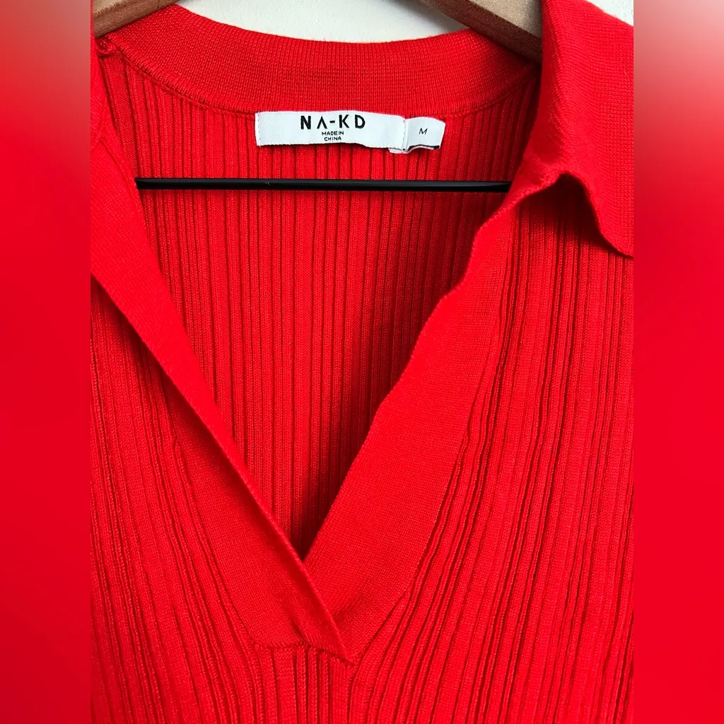 NA-KD rib knitted collar midi dress red polo slit short sleeve M - Image 5