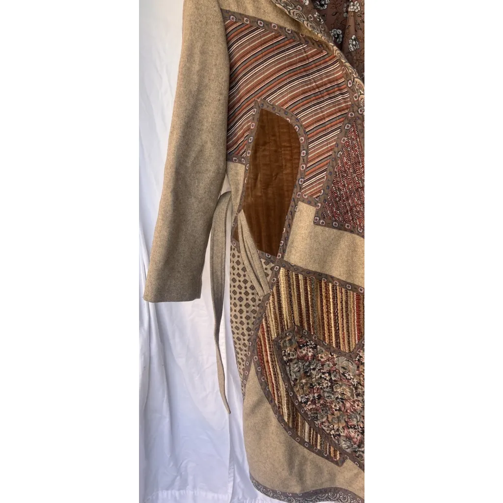 Vintage Backstreet Bohemian Patchwork Coat Wool Belted Southwest Tapestry Medium Brown - Image 3