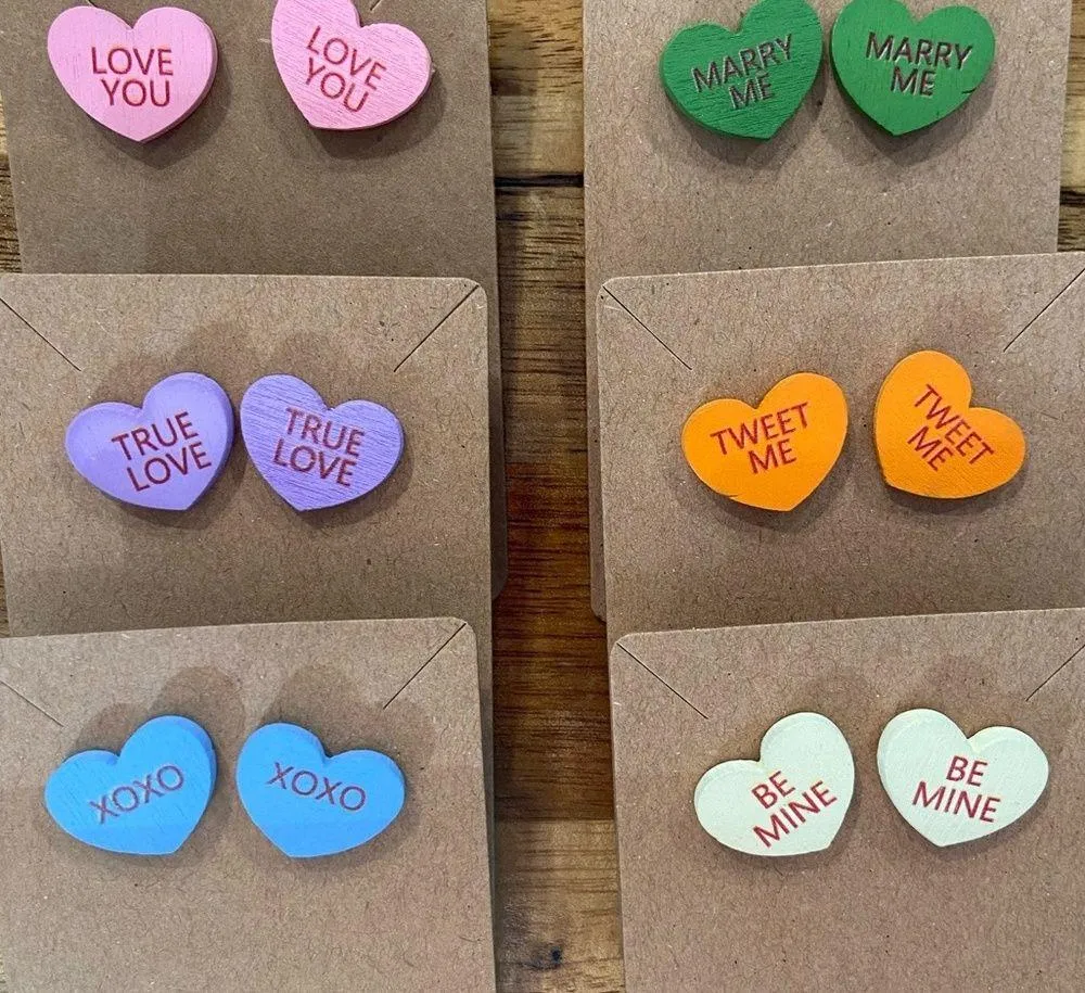 Valentine's Day Purple Confetti Wood Conversation Heart Earrings 1 Set Hand Made - Image 2