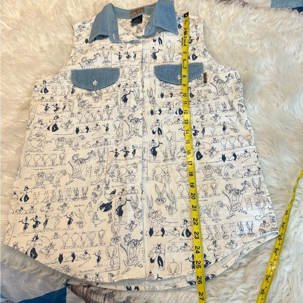 Vintage 90s Looney Tunes Blues Button Down Sleeveless Shirt All Over Print Med - Image 10