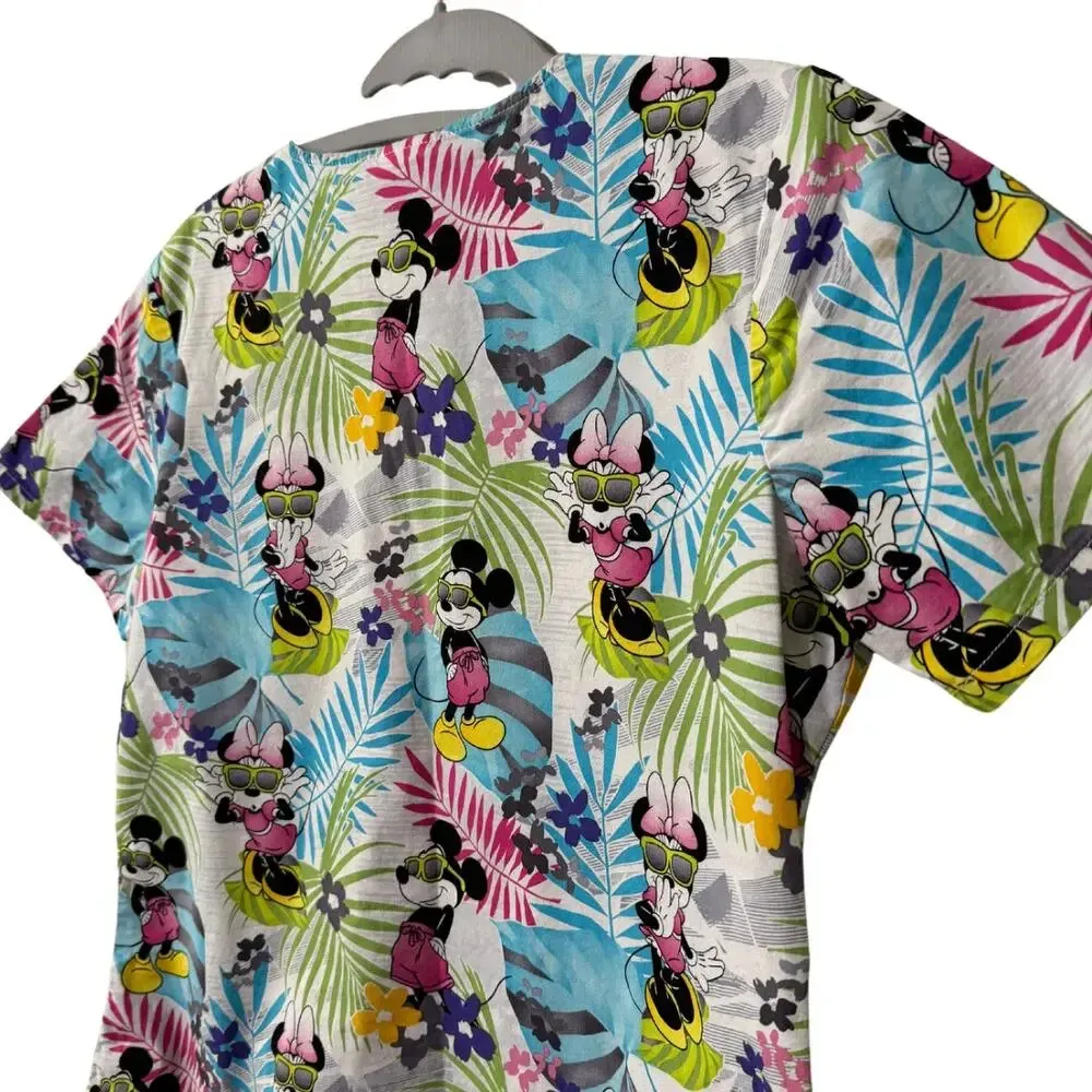 DISNEY Tropical Hawaiian Minnie Mickey Mouse Scrubs Top Tee Cotton EUC Small - Image 4