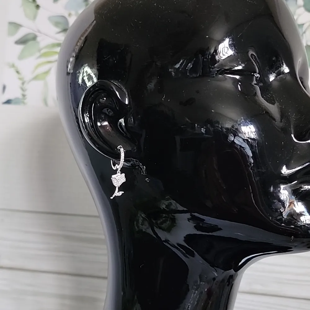 Sterling Silver with CZ Crystals Flower Huggie Hoop Earrings New - Image 6