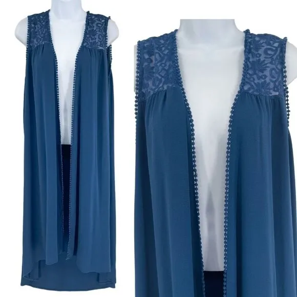 Lace Textured Open Front Chiffon Long Sleeveless Kimono Vest Shawl Top Blouse - Image 2
