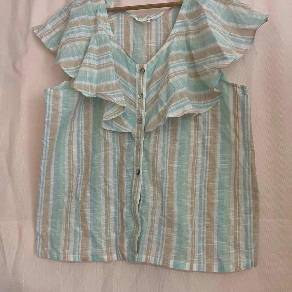 French Laundry Green Blue Ruffled Bib Collar Blouse - Image 2