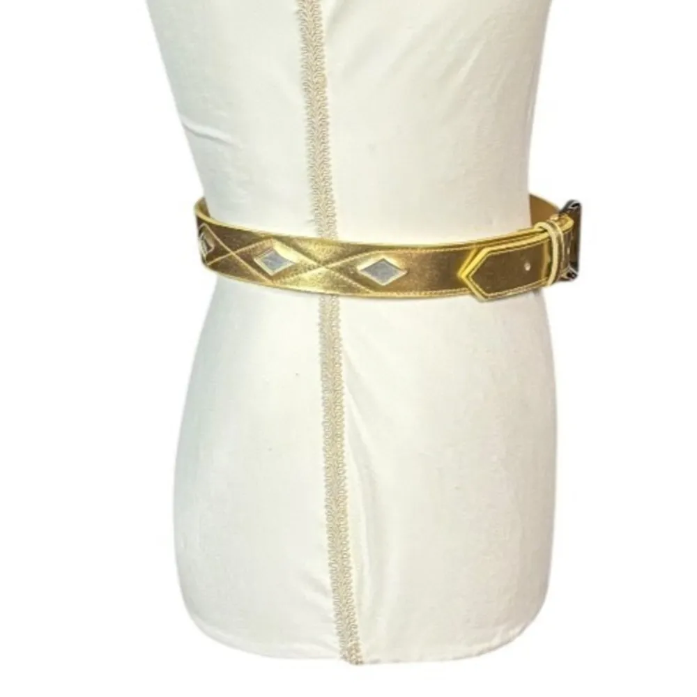 Vintage Liz Claiborne Statement Belt Gold Size Medium Faux Leather Retro Diamond - Image 5
