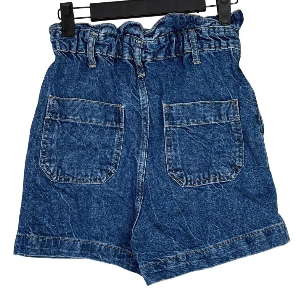 Zara High Waisted Paperbag Pleated Loose Fit Belt Loops Jean Shorts 2 Dark Blue - Image 12