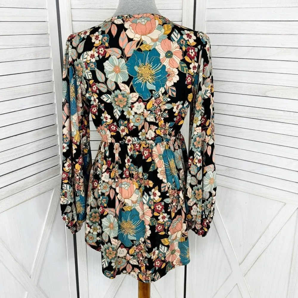 Angie Boho Floral Lace Trim Neck Tunic Blouse Black Multi Medium - Image 4