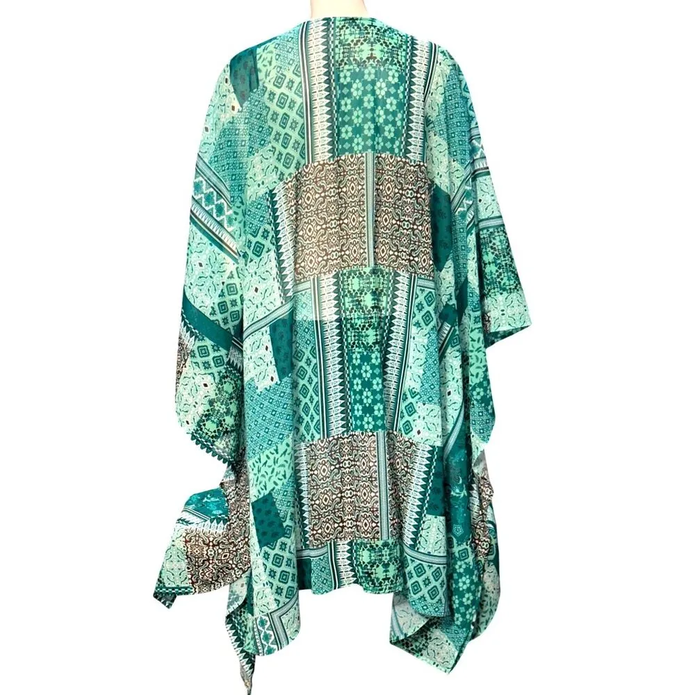 CCC Bohemian Style Patchwork Cape Lightweight Sheer Fabric Elegant Turquoise Whi Green Size XL - Image 5