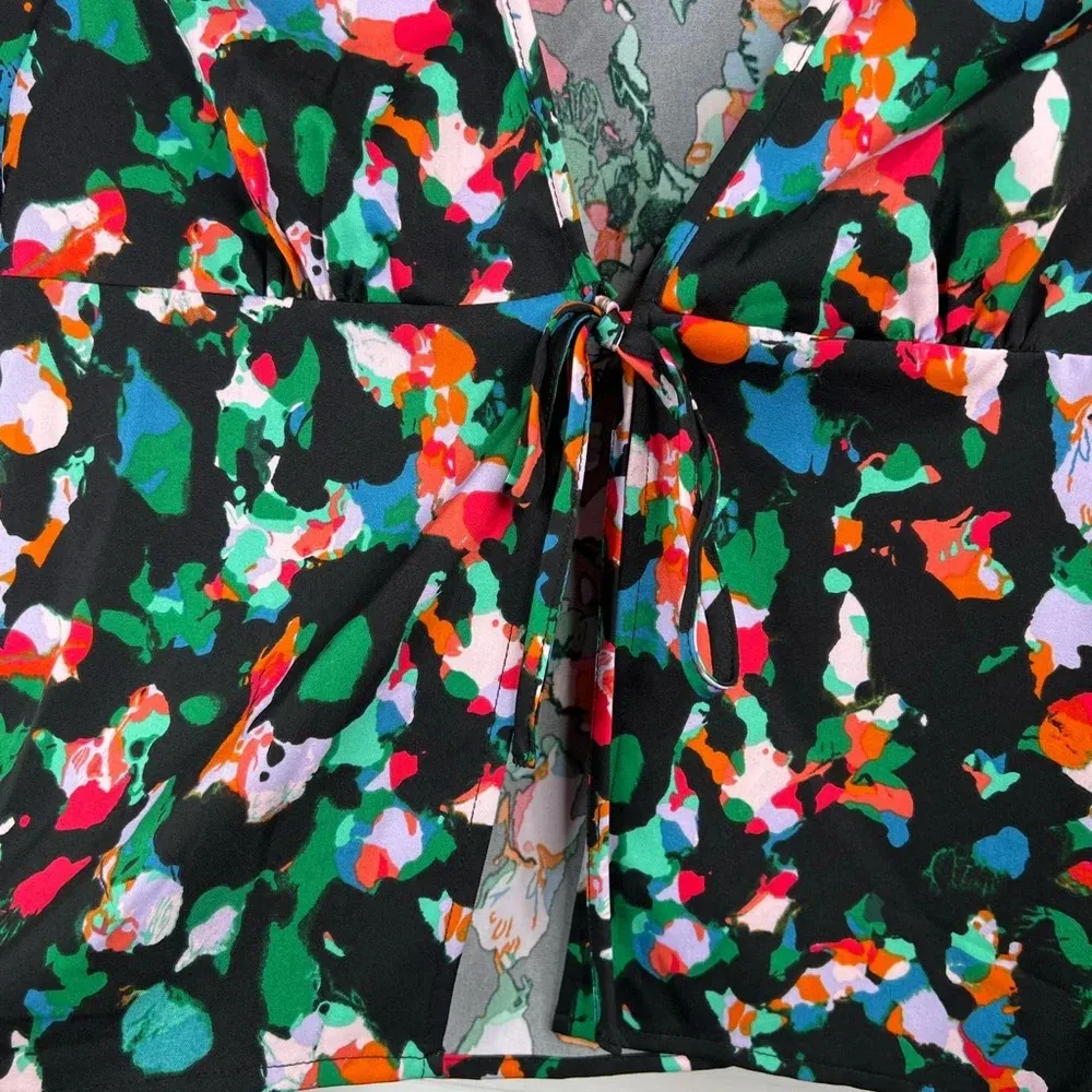 Open Edit Abstract Tie Front Bell Sleeve Blouse Multicolor Size XXS - Image 4