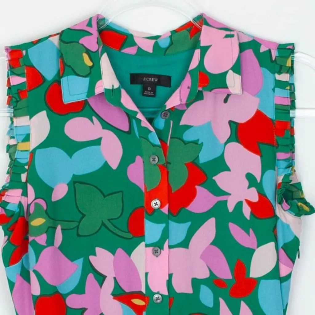 J. Crew‎ Womens Pleated Midi Shirt Dress Confetti Floral Size 0 Ruffle Pockets Green - Image 3