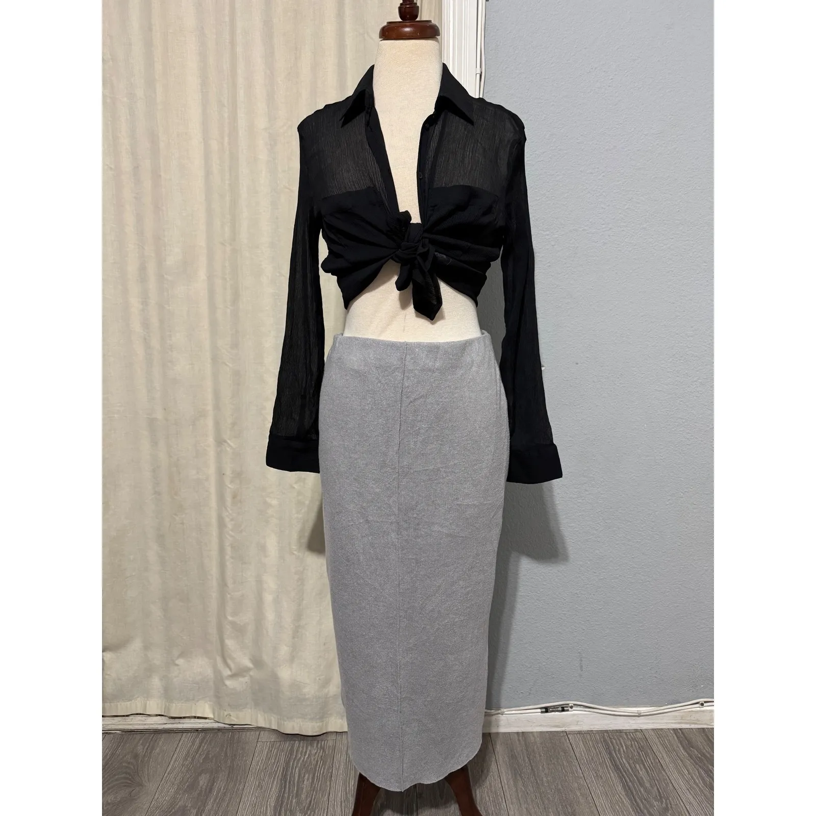 ZARA Midi Pencil Skirt Grey Ribbed Knit Stretch Elastic Waist Women Size M - Image 8