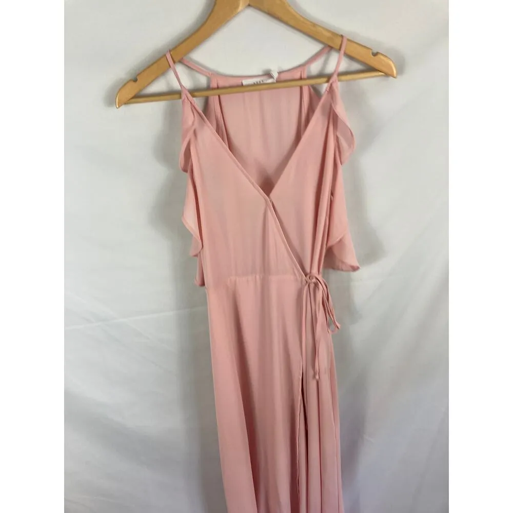 Lush Cold Shoulder Wrap Ruffle Tie Front Maxi Dress Pink Size Medium - Image 3