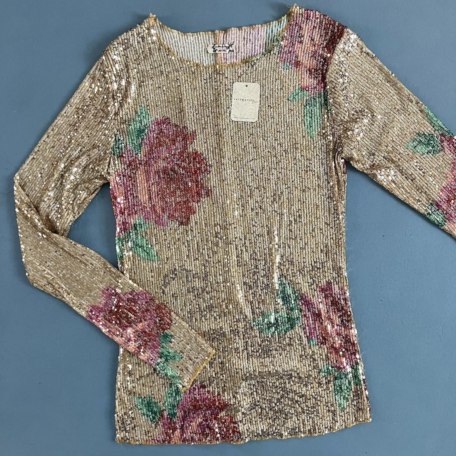 NWT Free People Intimately Gold Rush Champagne Combo Printed Sequin Long Sleeve - Image 3