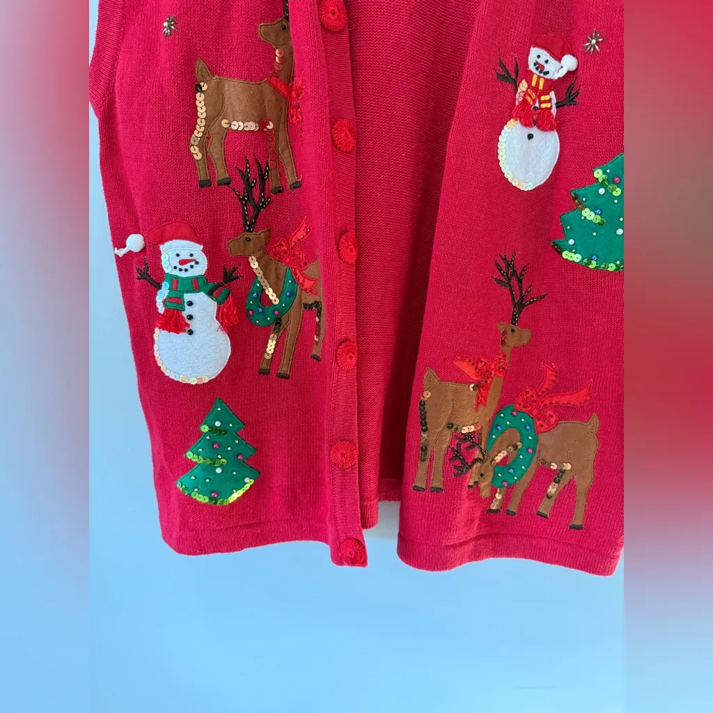VTG Lisa International Festive Red Christmas Sweater Vest Snowman Reindeer 1X - Image 4