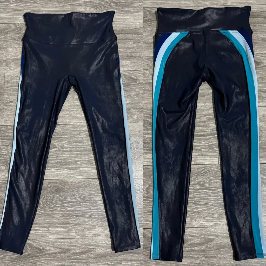 SPANX Women‎ Navy Blue Faux Leather Leggings Sz M with Blue and Teal Stripes 7/8 - Image 3