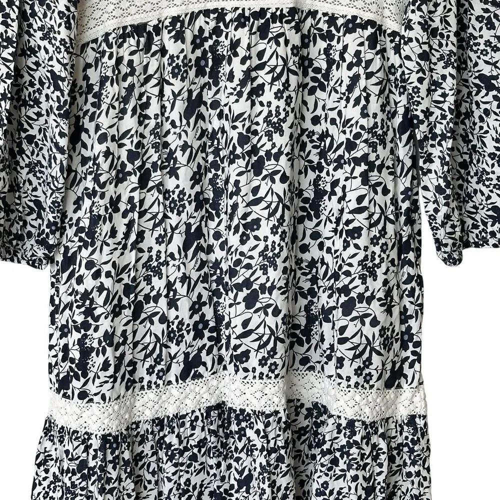 Attic Salt L Floral Print Tiered Dress White Navy Blossom Maxi Dress Size L - Image 9