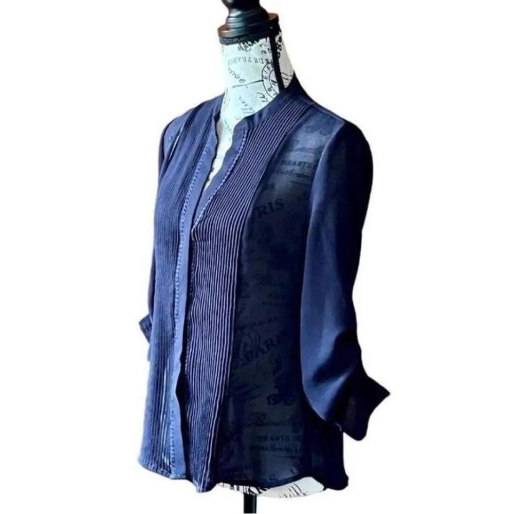 Fate Women’s Navy Blue Sheer Pleated Button Down Blouse Size S Romantic Goth - Image 3