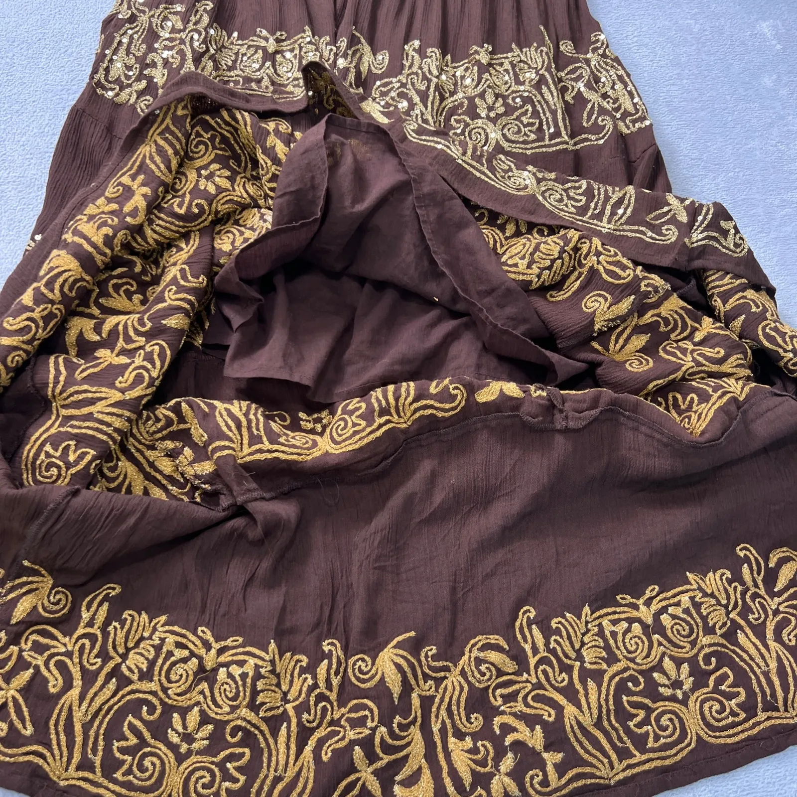 Boston Proper Maxi Dress Gold Embroidered Tiered Smocked Empire Waist Medium - Image 8