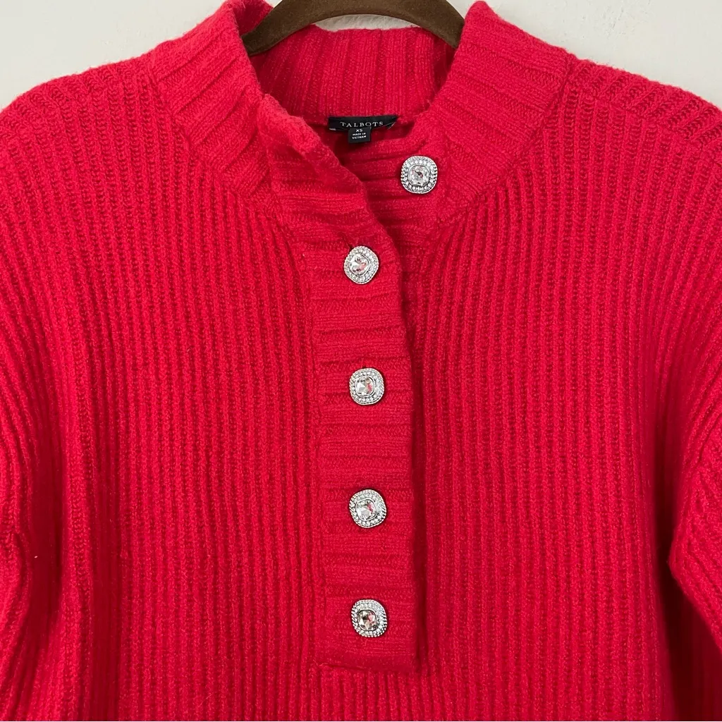 Talbots Red Jewel Button Henley Chunky Ribbed Pullover Wool‎ Blend Sweater XS - Image 5