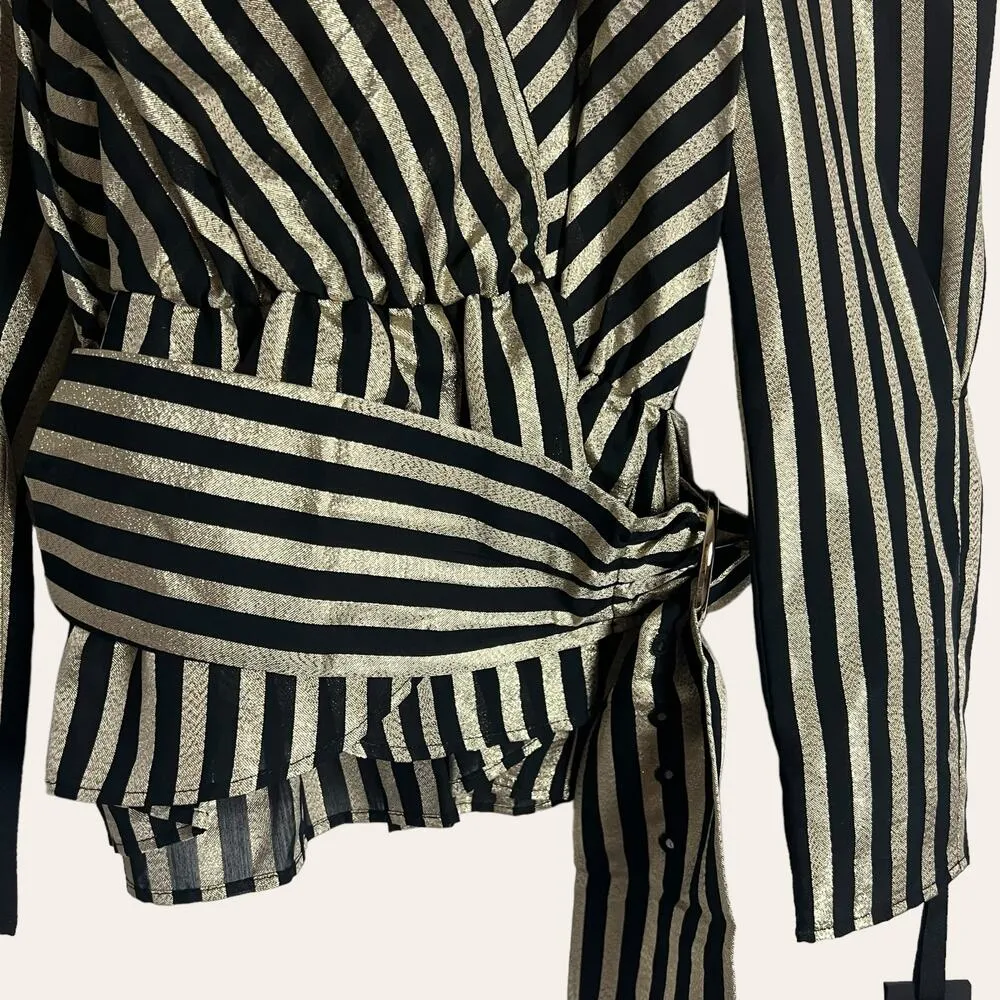 Pinko Clarence 1 Blusa Striped Belted Puff Sleeve Black Gold Lurex Wrap Top XS - Image 7
