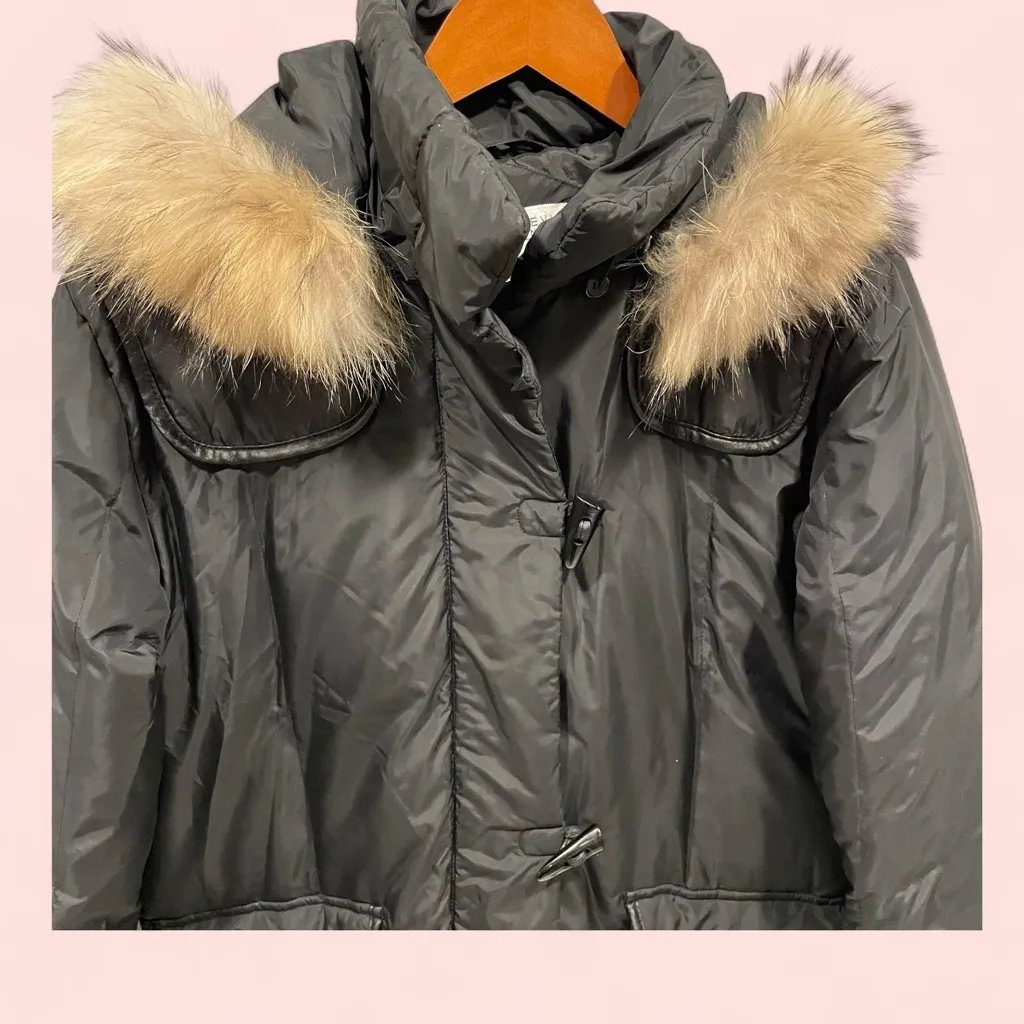 Warm cozy Larry Levine down feather black puffer coat fur collar pockets - Image 3