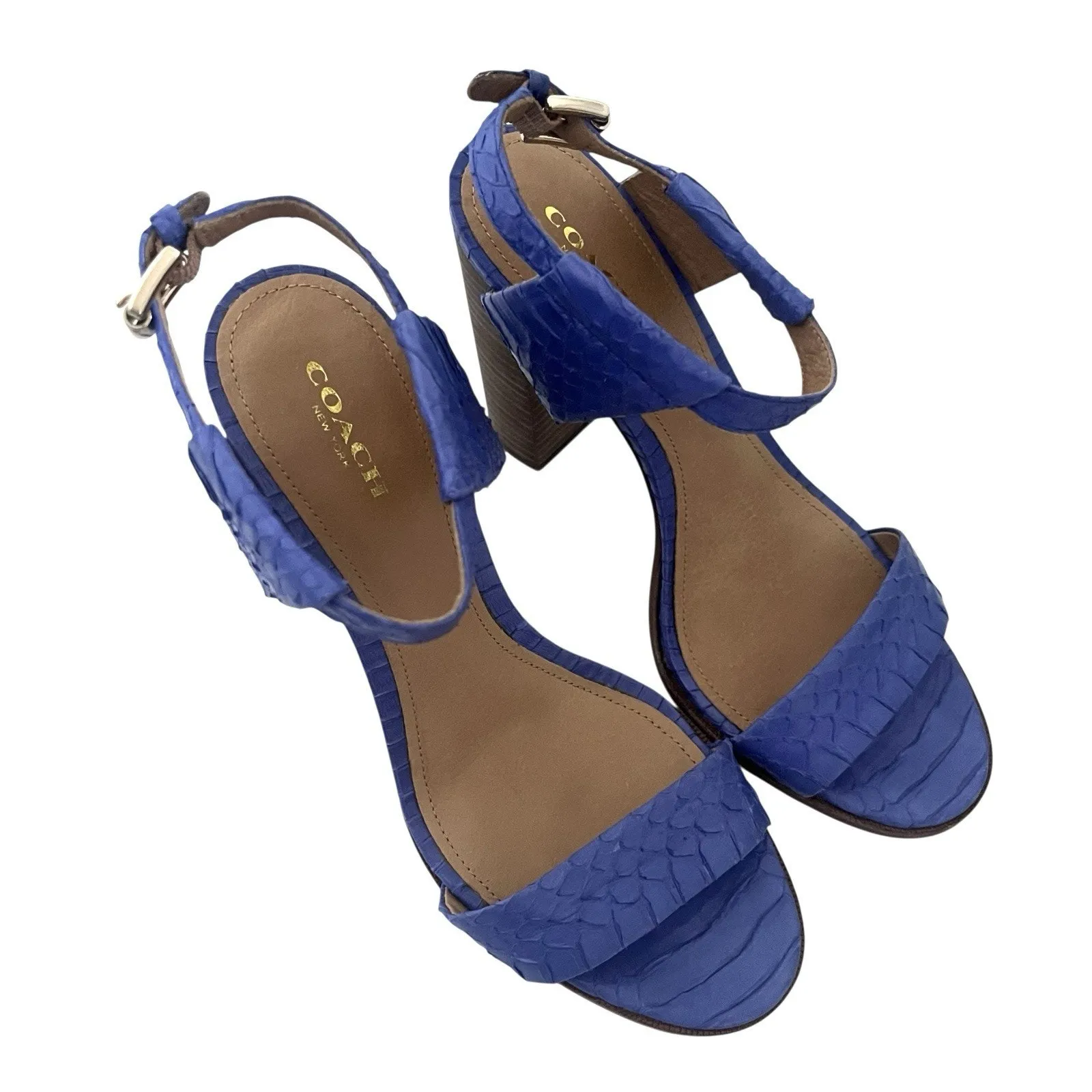 Coach Lexey Sandals Cobalt Blue Snake Embossed Leather Block Heel SZ 8 Chic - Image 3