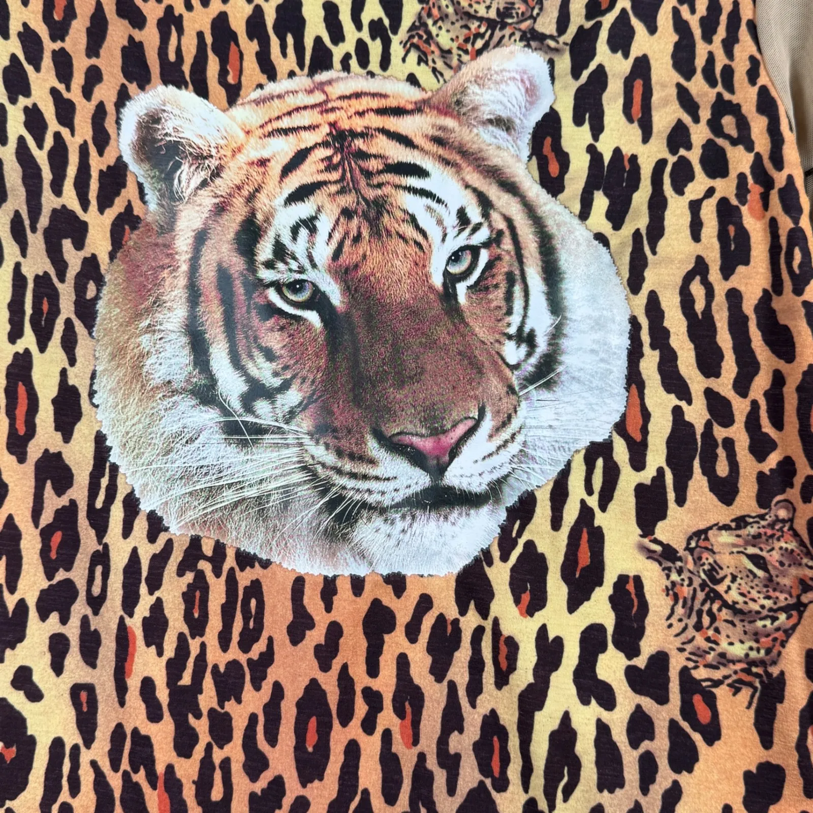 Vintage Y2K L Leopard Tiger Face Mesh Top Sheer Sleeve Maximalist 90s Clubwear Brown Size L - Image 5