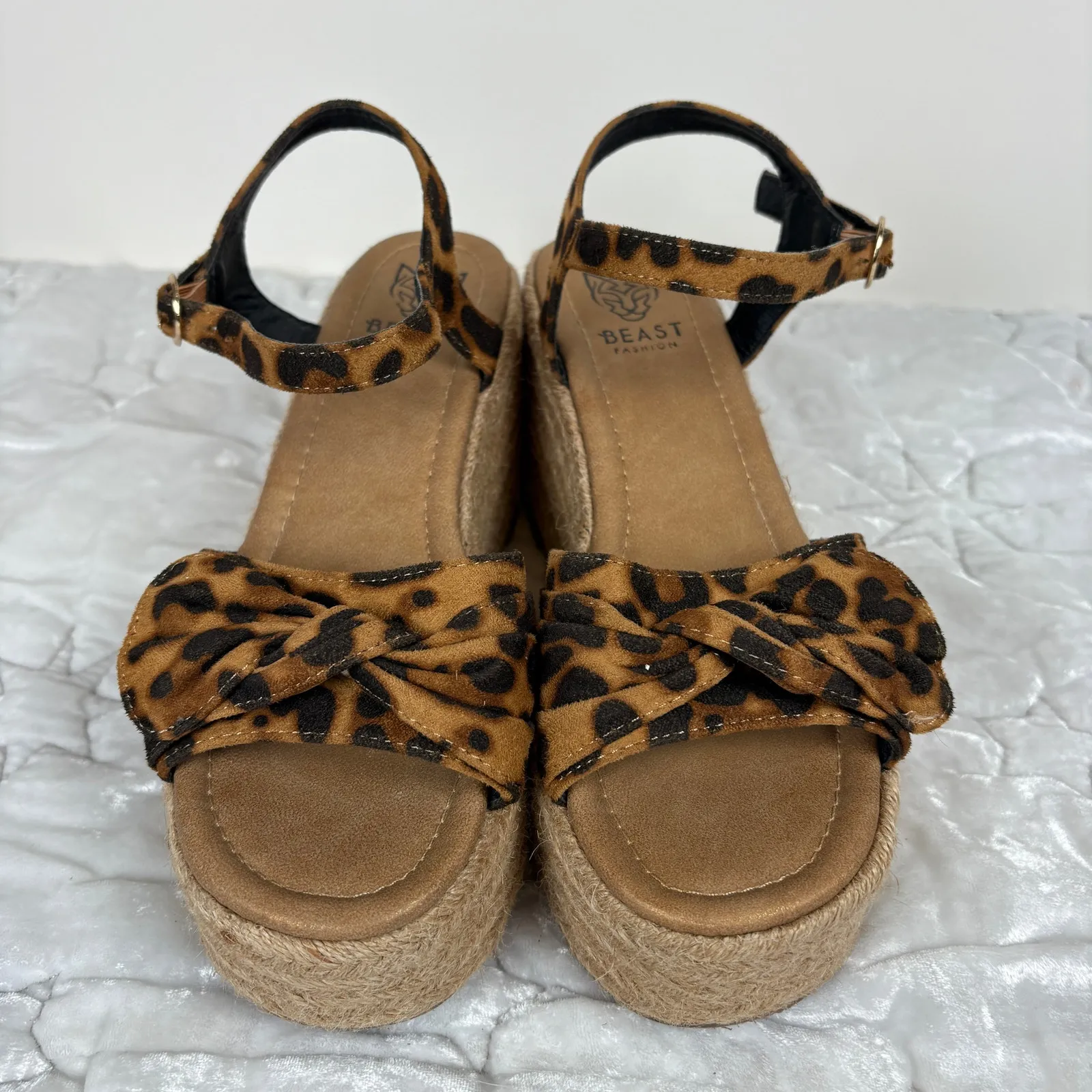 Beast Fashion Suede Leopard Bow Open Toe Espadrille Platform Wedge Sandal Size 7 - Image 3