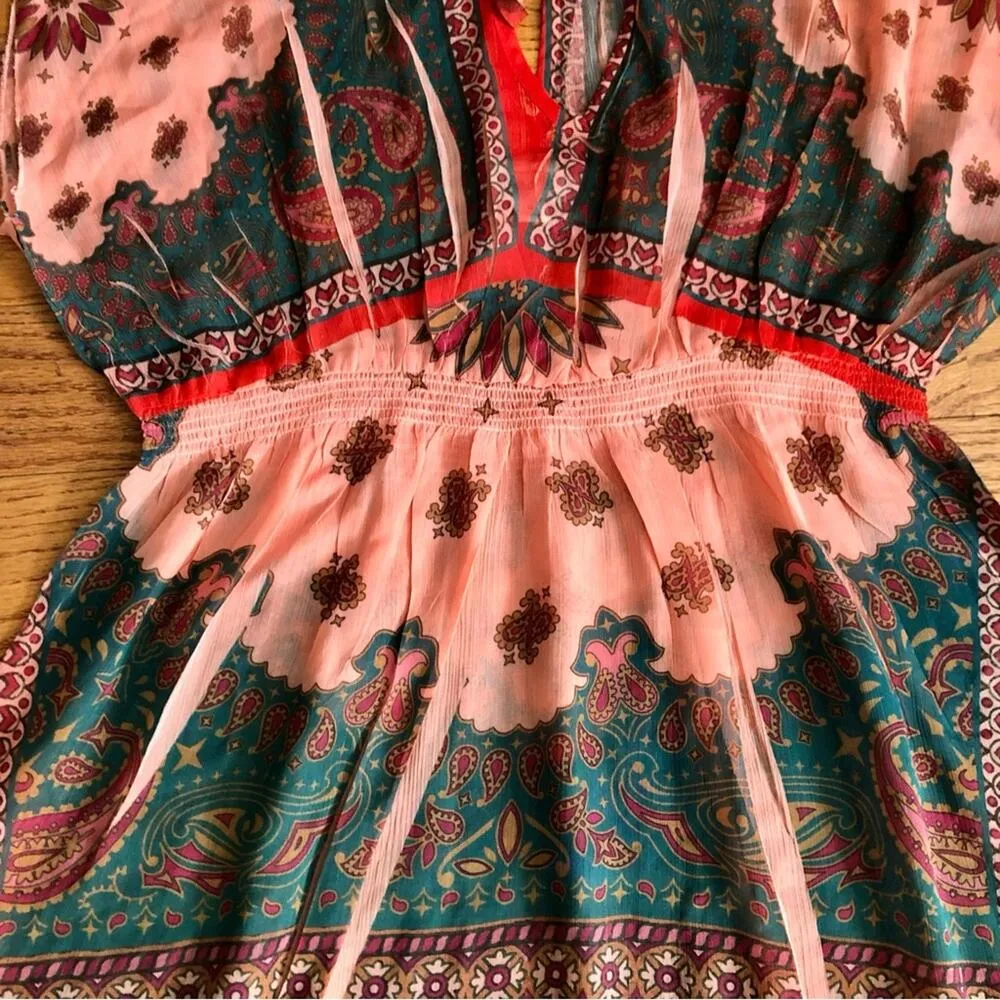 UNITY Coral Green Paisley Sublimation Sheer Swim Cover Beach Dress Size M Orange Size M - Image 2