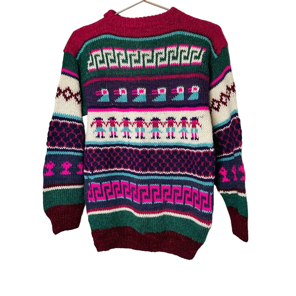 Vintage 1980s Unbranded Unisex Geometric People Purple Pink Crewneck Sweater Size M - Image 2