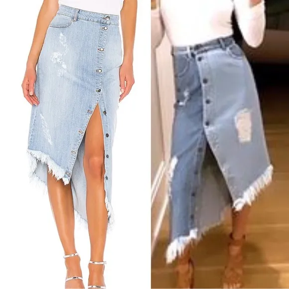 NWT Retrofete Maude Denim Distressed Midi Button Down Asymmetrical Skirt Blue Size XS - Image 2