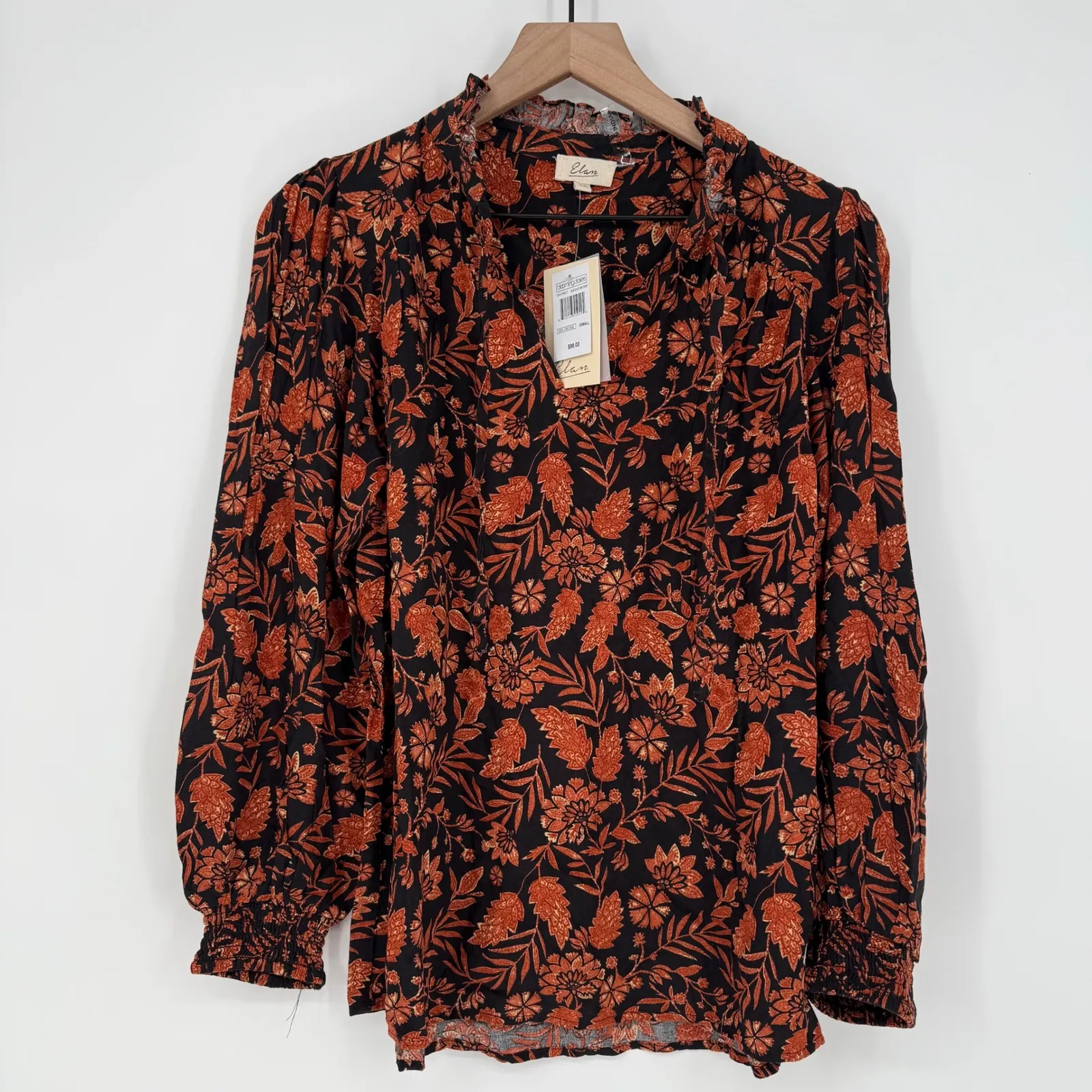 Elan‎ XS Blouse Black Autumn Floral Print Long Sleeve Ruffle Neck Womens Top - Image 2