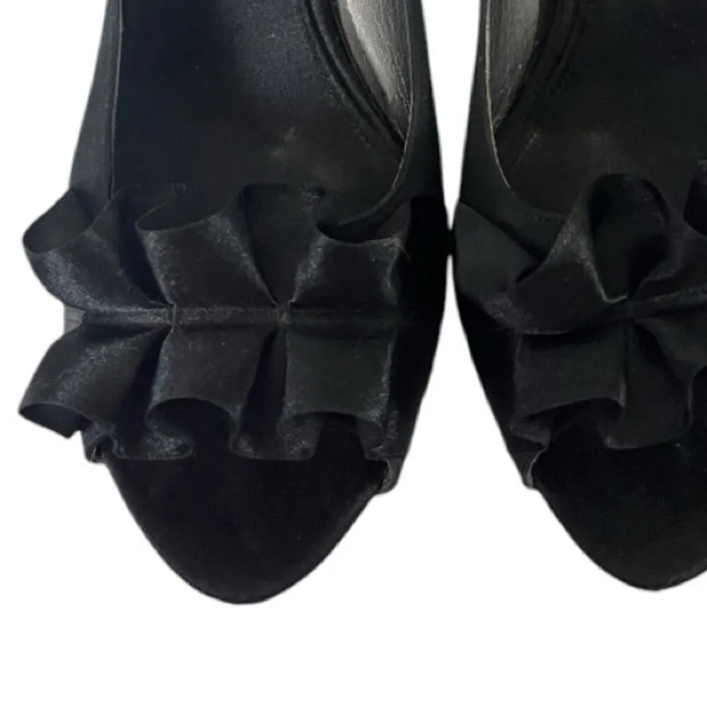 Nina Pump 3 1/2” Heel Black Satin Ruffle Peep Toe Closed Back Women’s Size 7.5M - Image 7