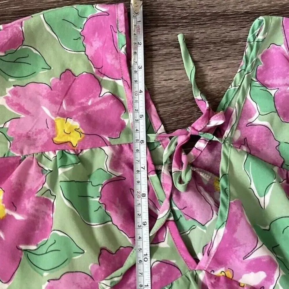 Vintage 90s Blouse Green Pink V Neck Abstract Print Tie at Side Waist Size L Size L - Image 11