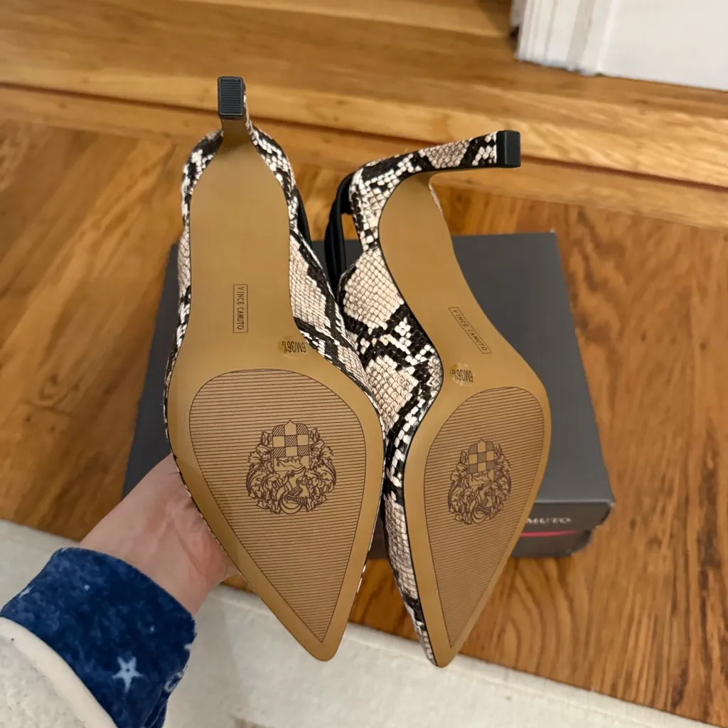 Vince Camuto Delia Black & Cream Snake Print Women's Pointy Toe Slingback Heels - Image 4