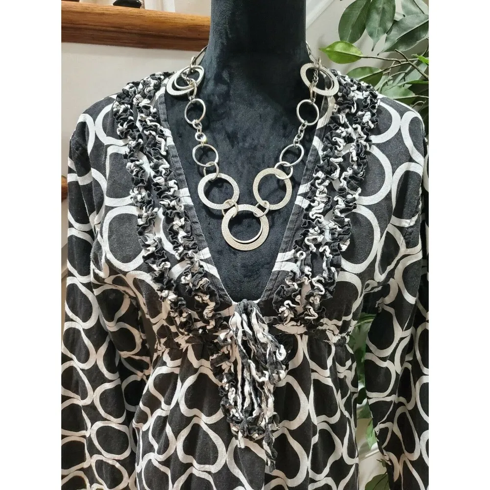 Mudpie Bag Lady Women's Black Linen V-Neck Long Sleeve Knee Length Dress Size M - Image 2