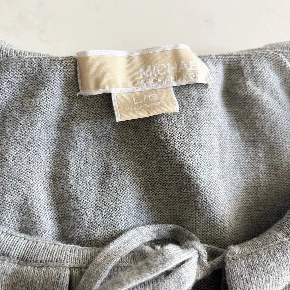 MICHAEL Michael Kors Gray Ruffle Pleated Split Tie Neck Sweater Size Large - Image 3