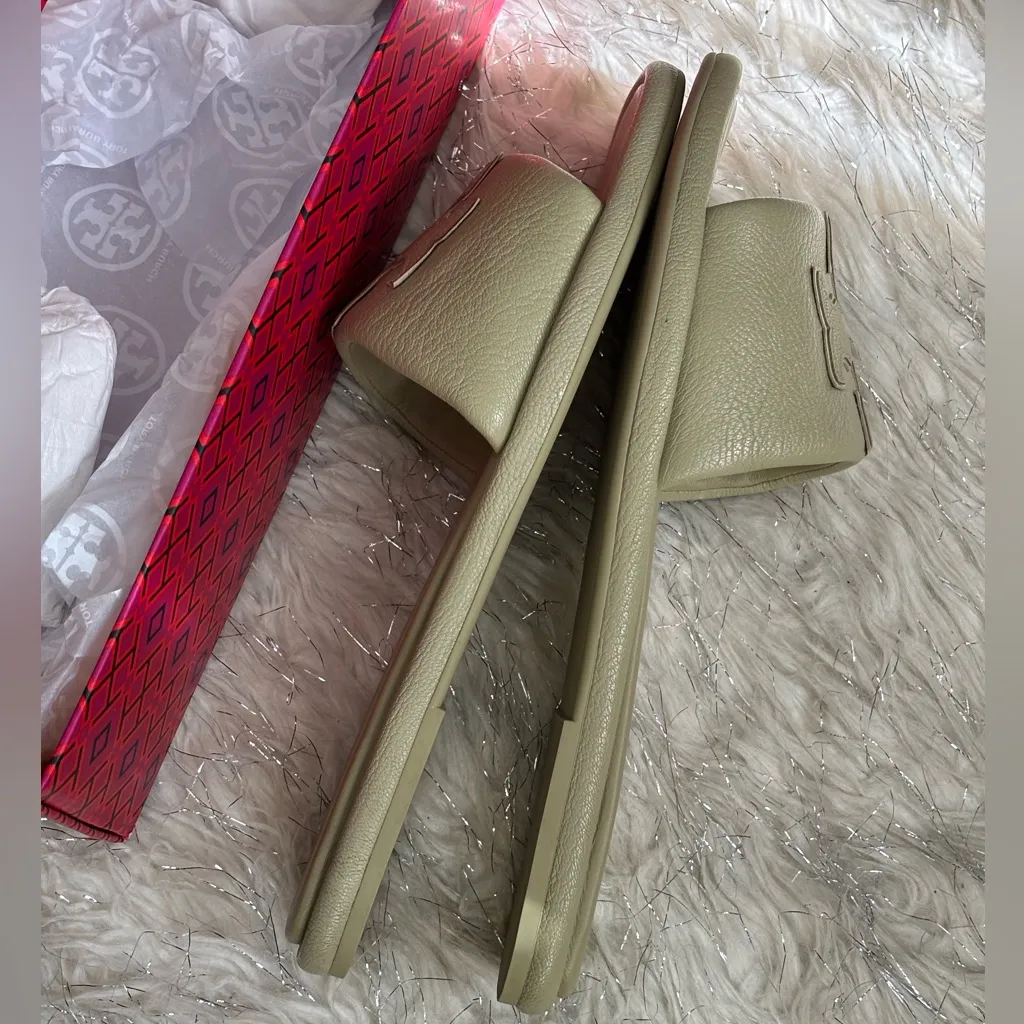 Tory Burch Olive Sprig Women’s Double T Sport Slide Tumbled Leather Size 9.5 - Image 8