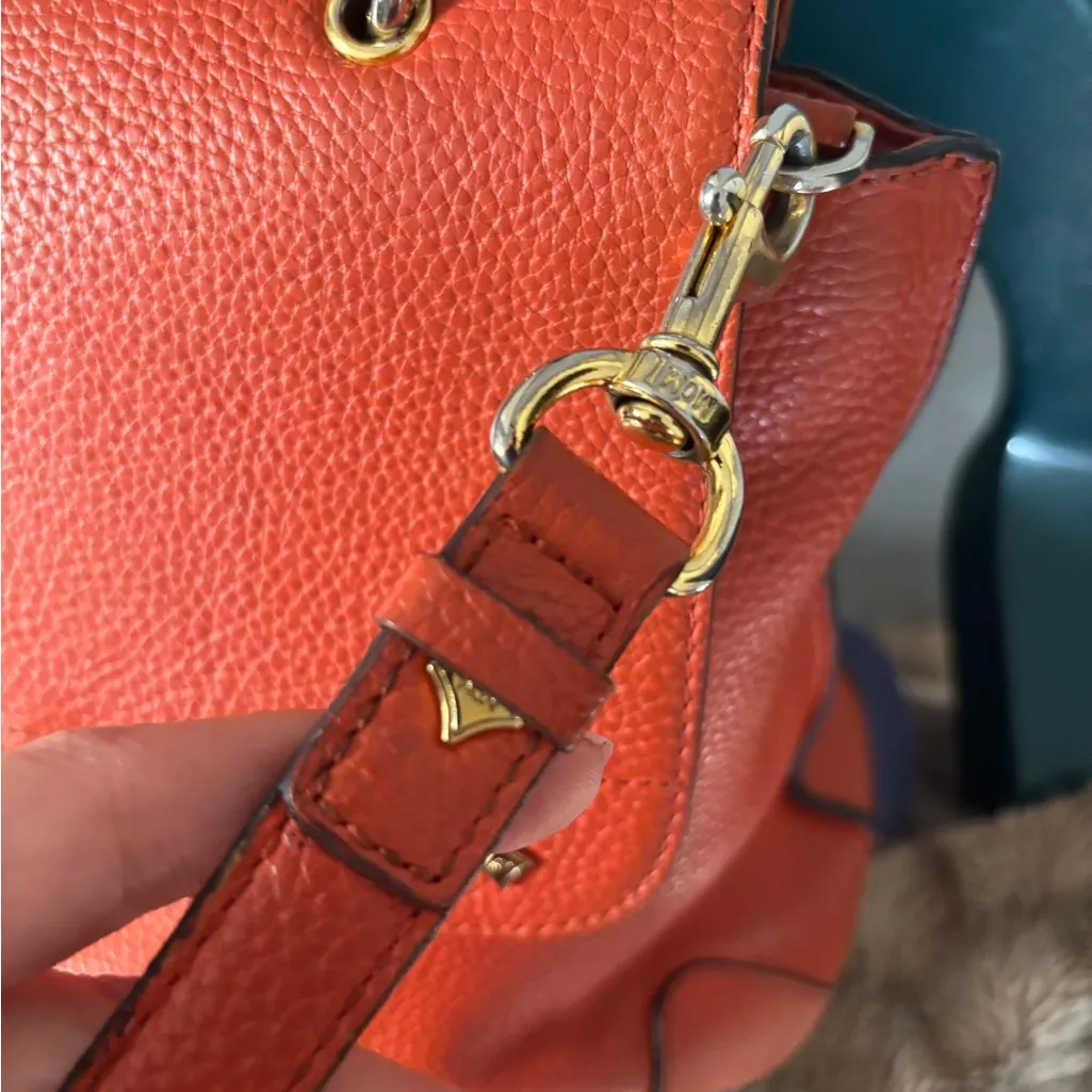 MCM Handbags Orange Leather Satchel Purse Small Tote Visetos Logo Studs Bag - Image 9