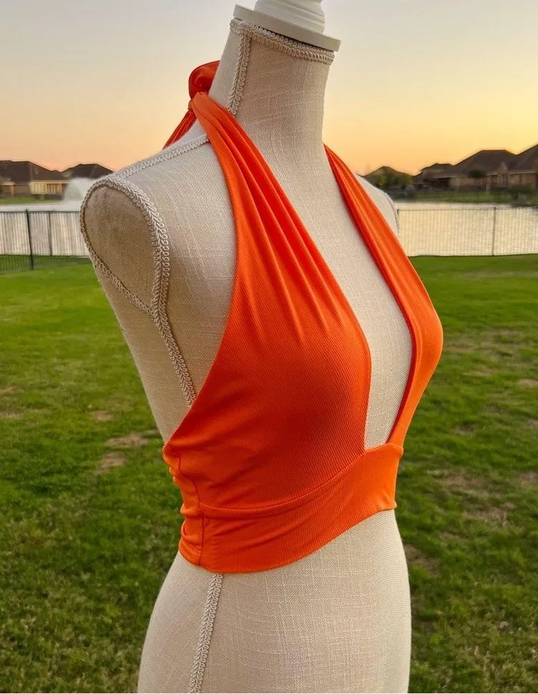 Naked Wardrobe Crossover Halter Top In Orange Peel - Image 3
